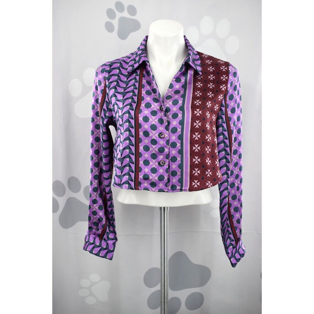 House of Harlow 1960 Long Sleeve Cropped Button Front Retro Print Blouse Small